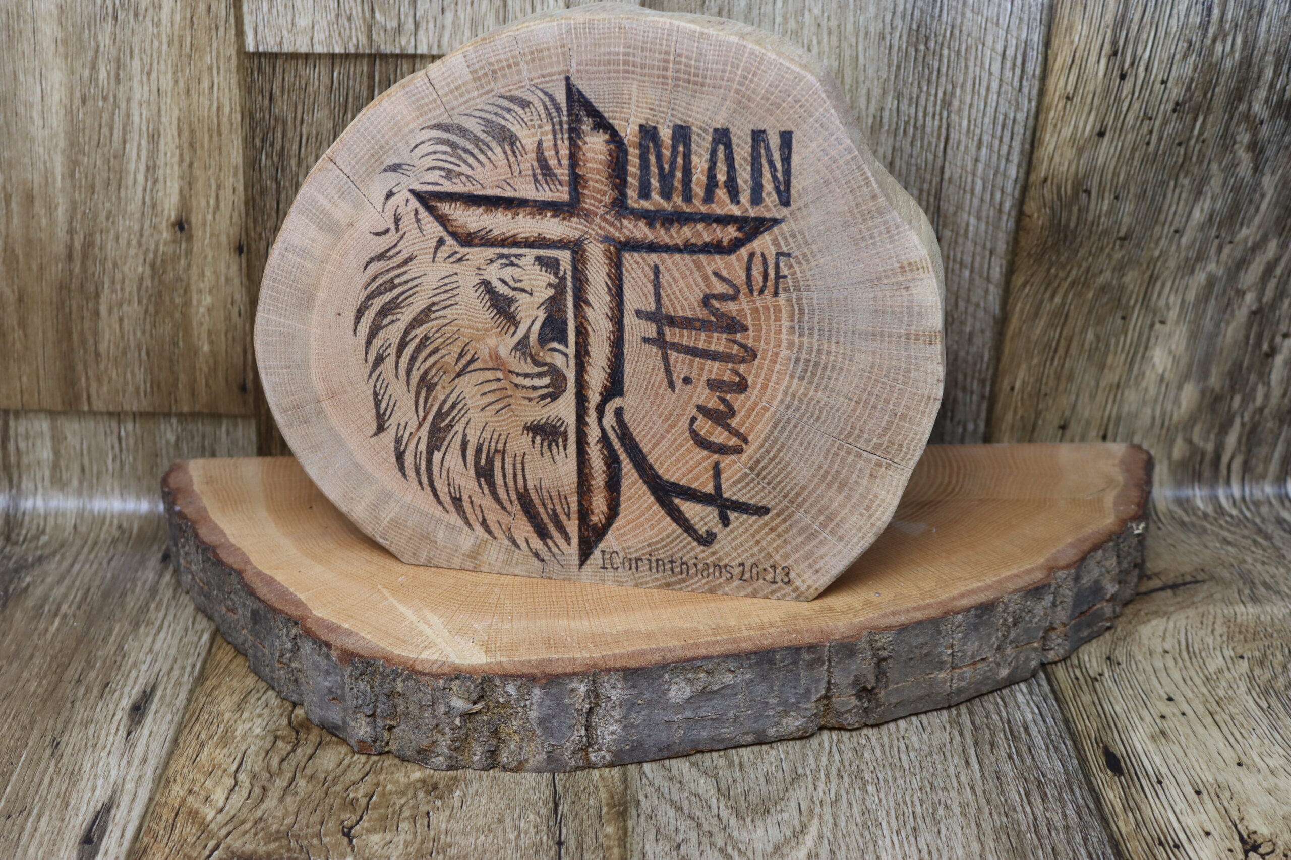 Oak hand burned round with detail